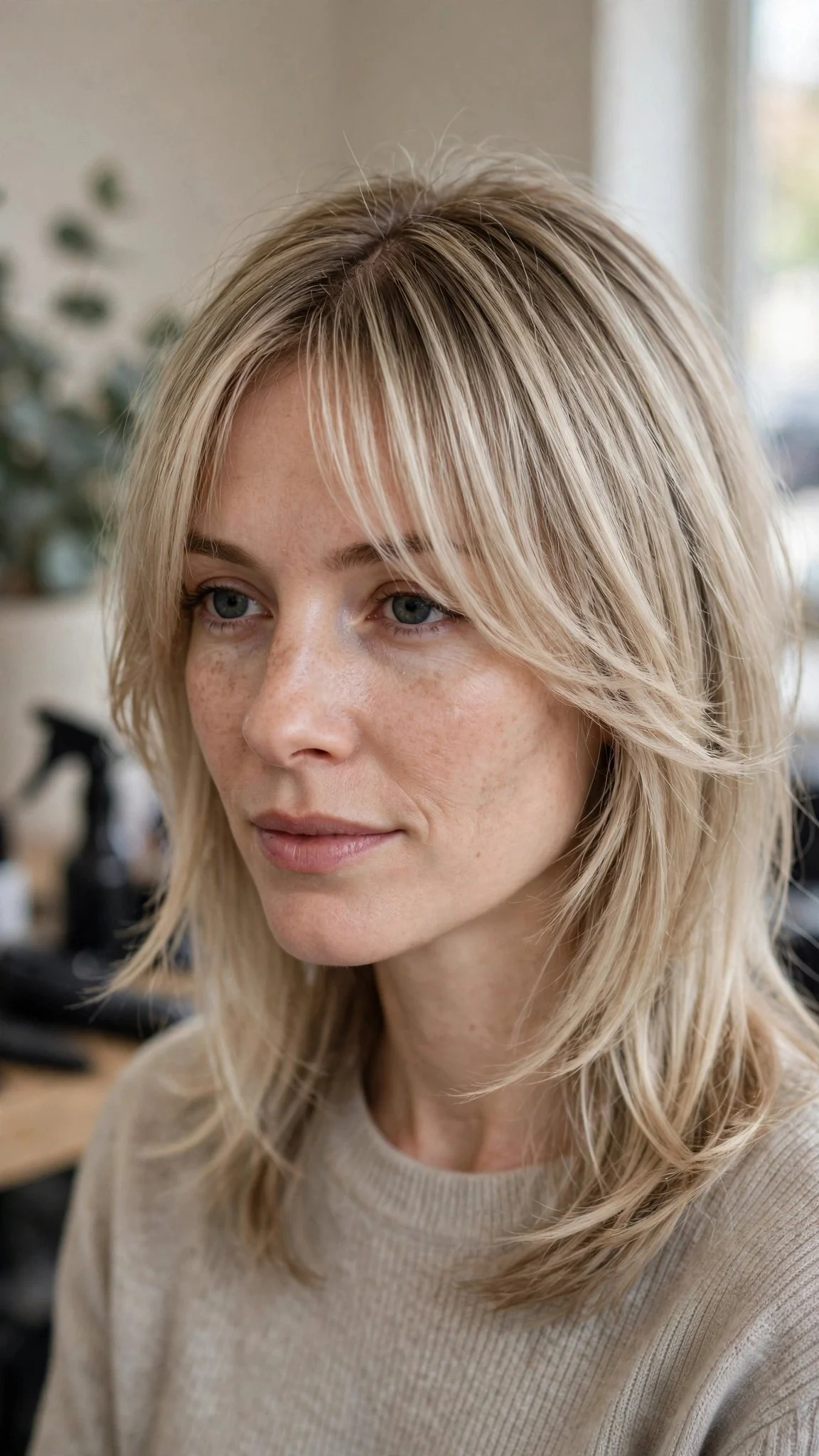 Soft Middle-Part Curtain Bangs on a Layered Lob