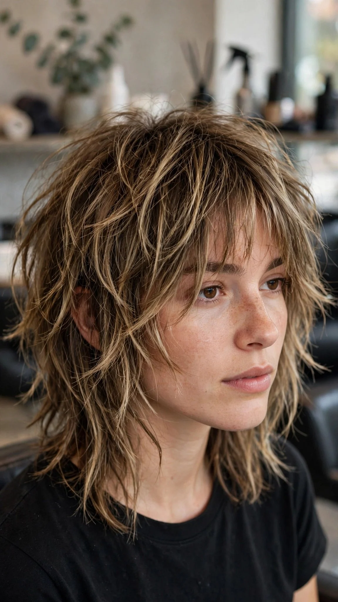 Wispy Curtain Bangs with a Shoulder-Length Shag