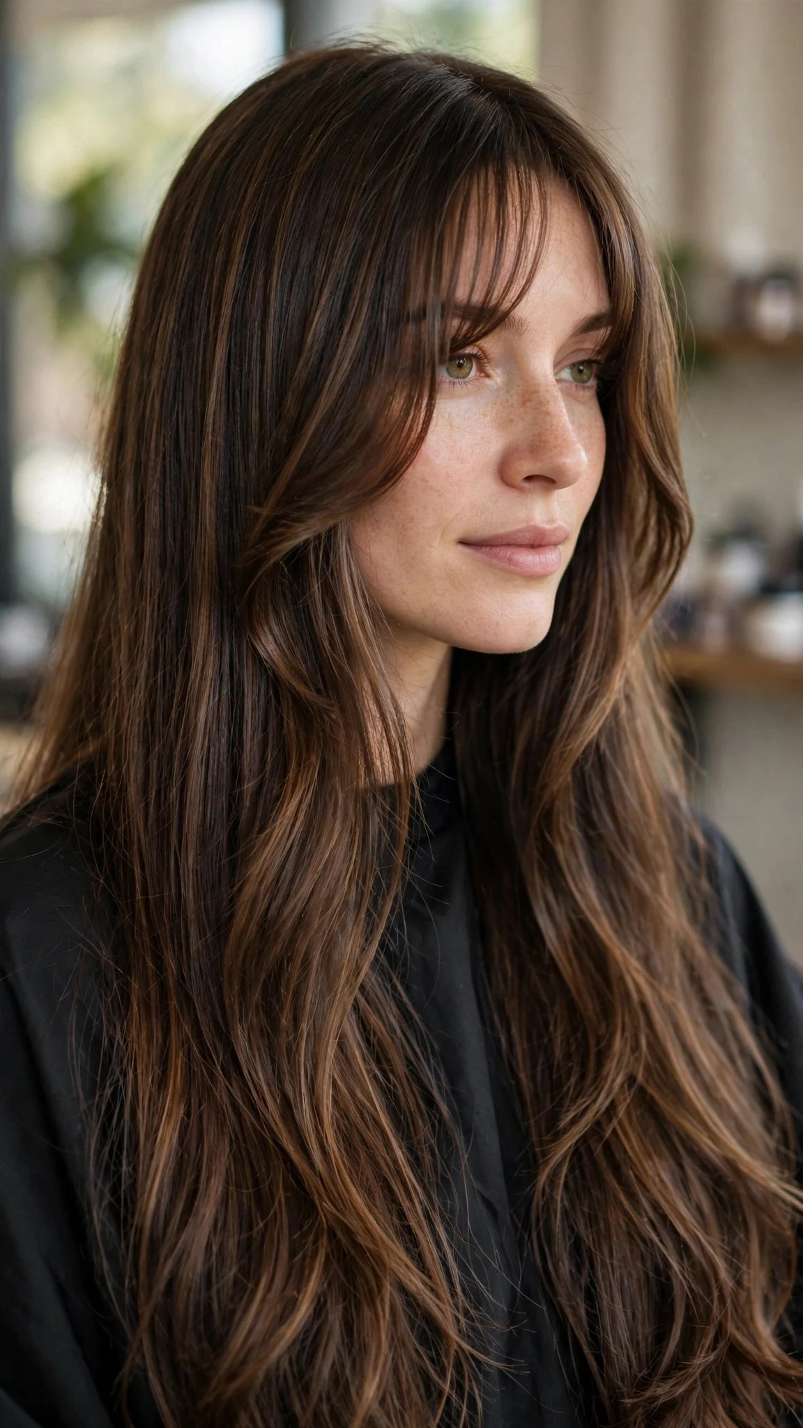 Long Curtain Bangs Blended into Face-Framing Layers