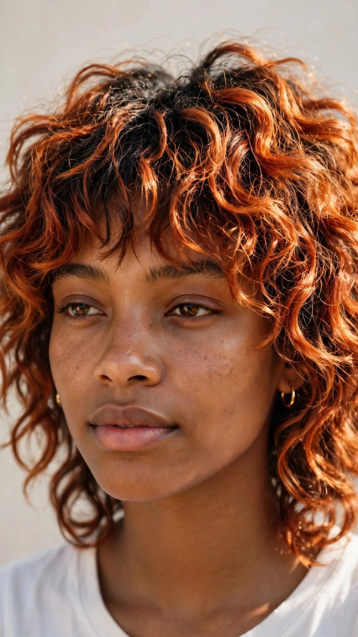 Copper curly shag with choppy bangs