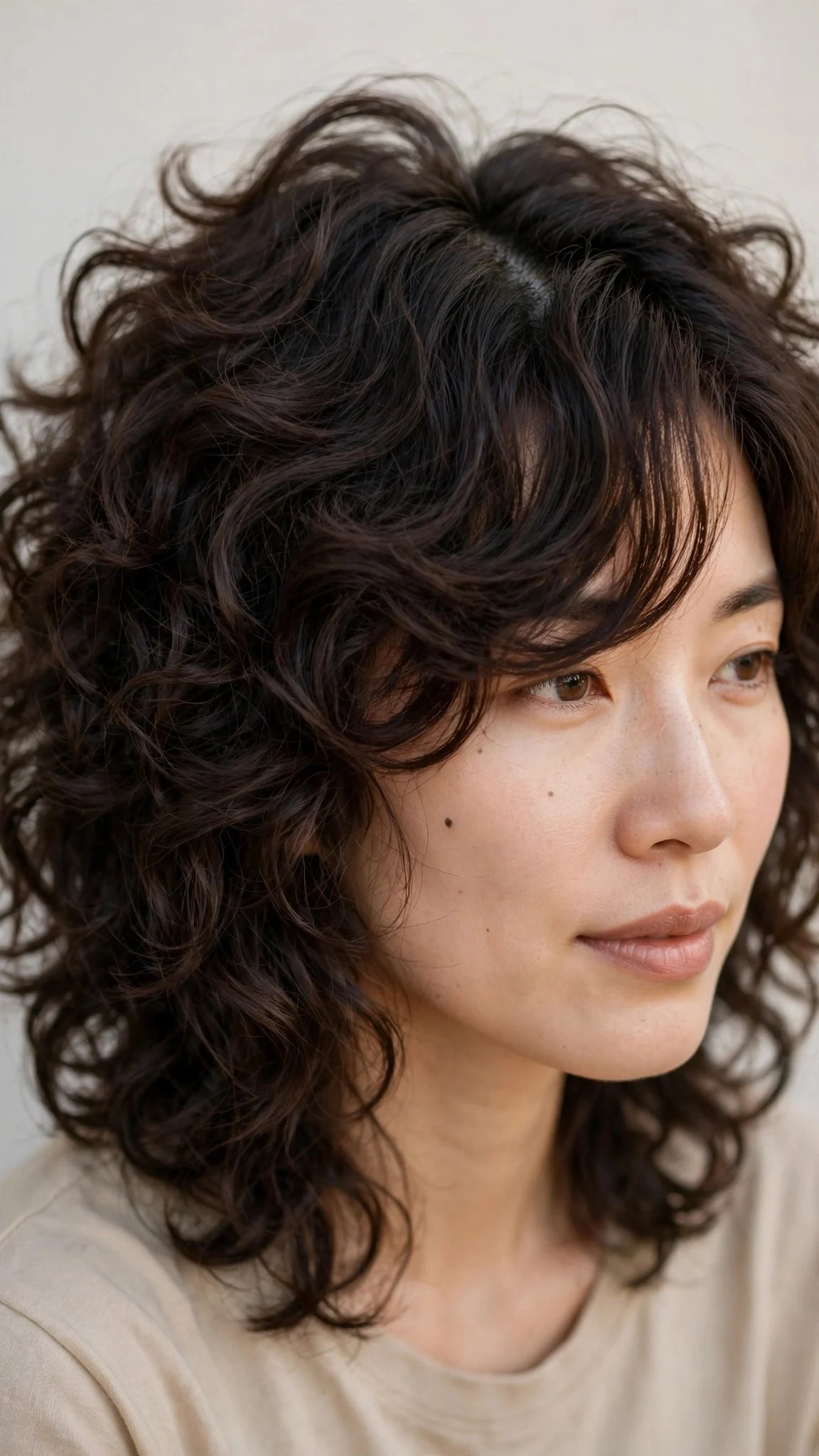 Curly shag with side-swept bangs