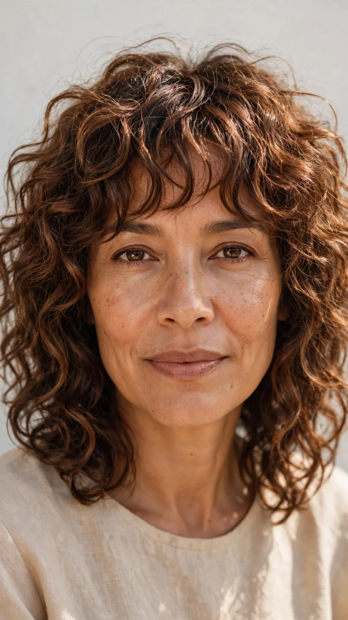 Medium curly shag with brow-grazing bangs