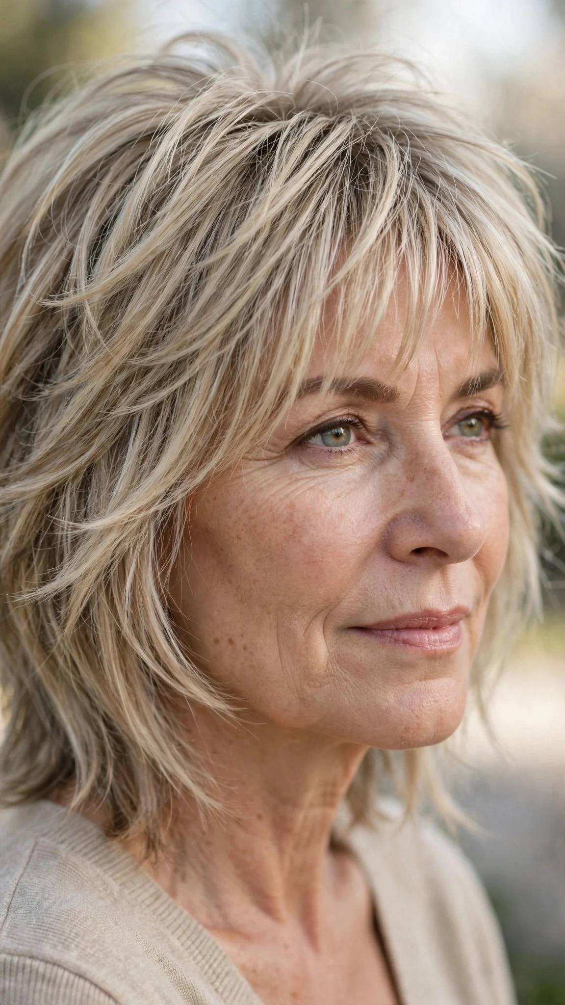 Cool Beige Blonde Shag with Wispy Bangs