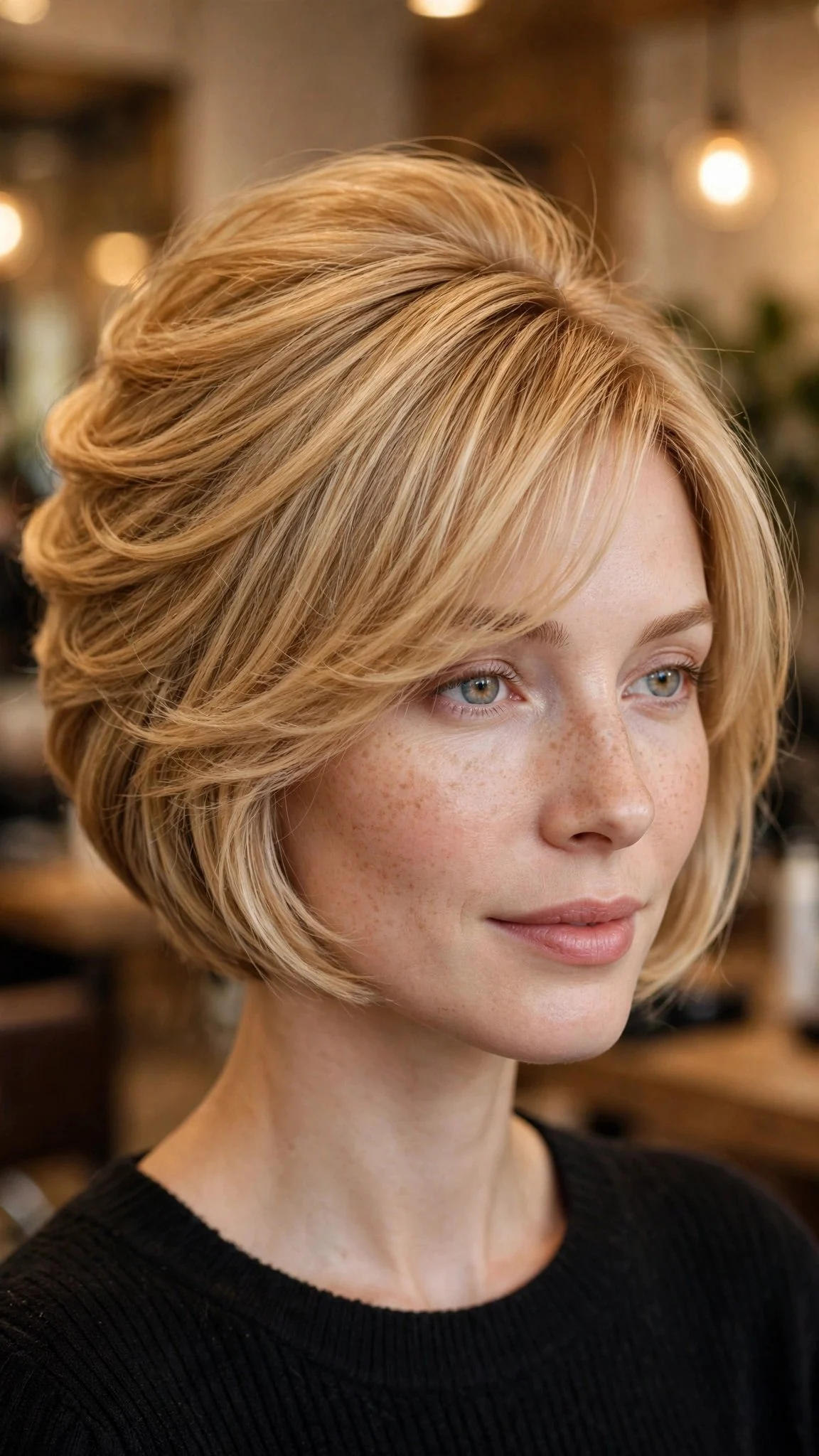 Feathered Side Bangs with a Stacked Bob