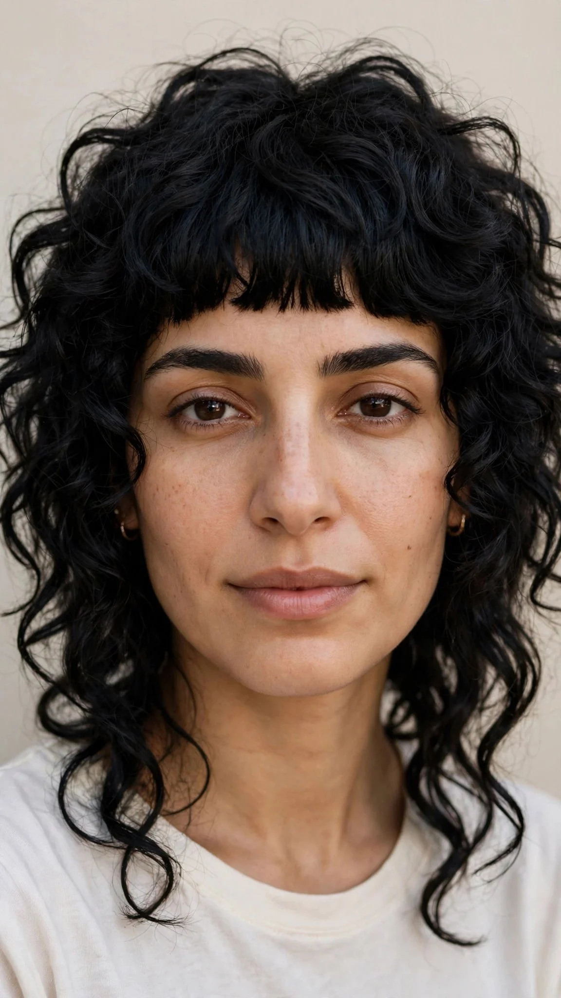 Curly shag with blunt bangs and face framing