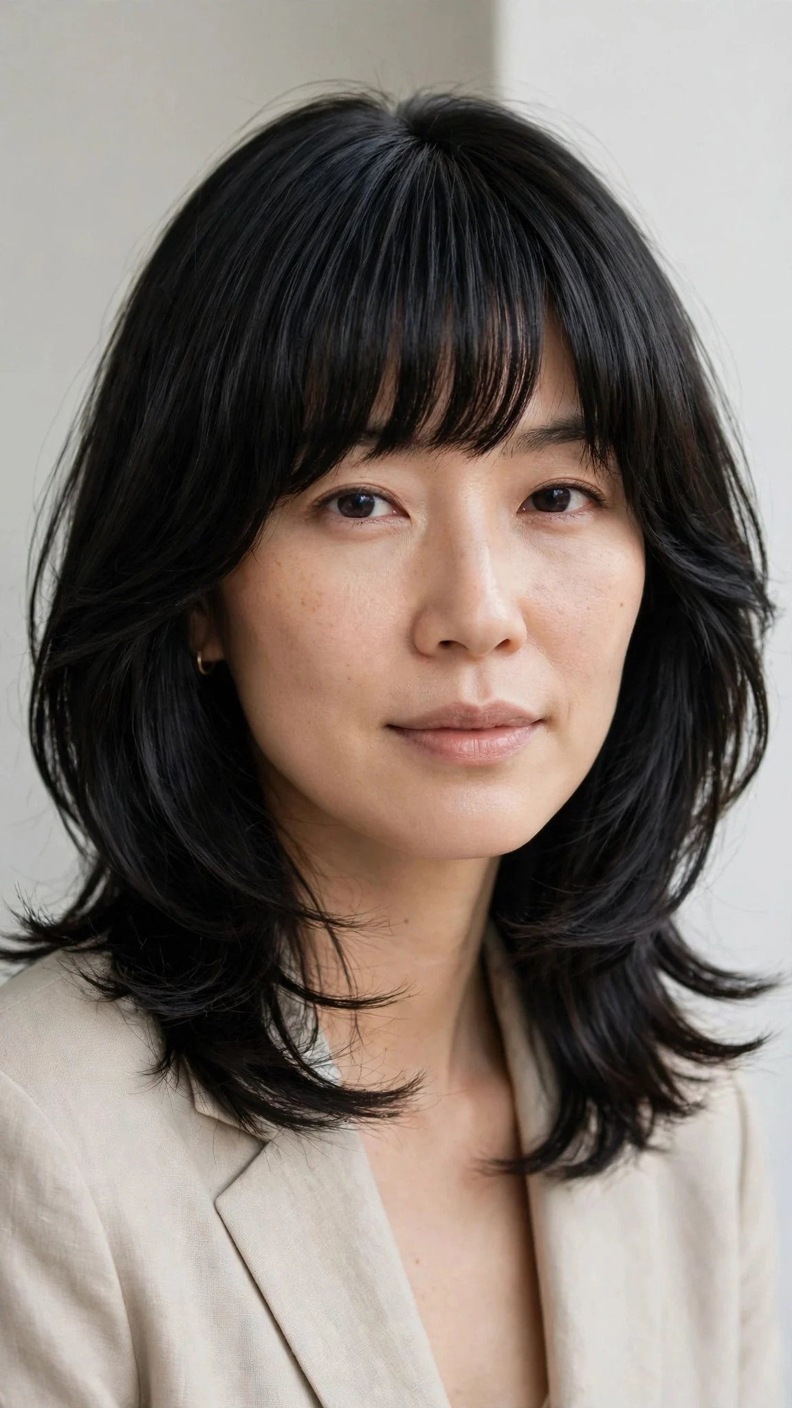 The Polished Shag with Full Bangs