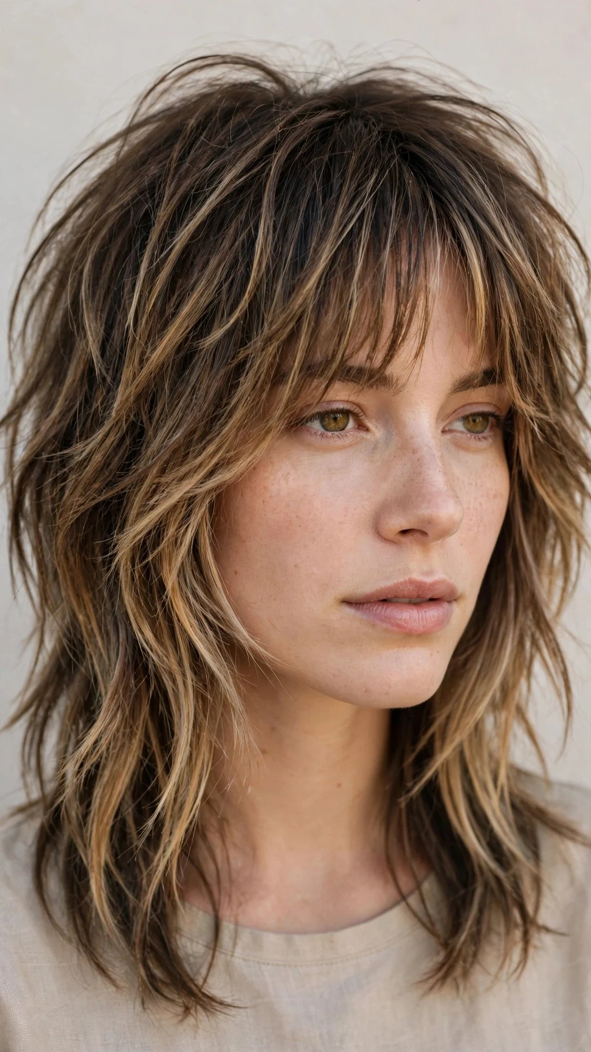Wolf Shag with Curtain Bangs and Balayage