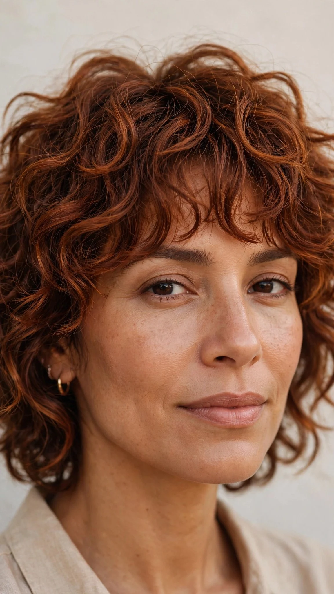 Auburn curly shag with layered bangs