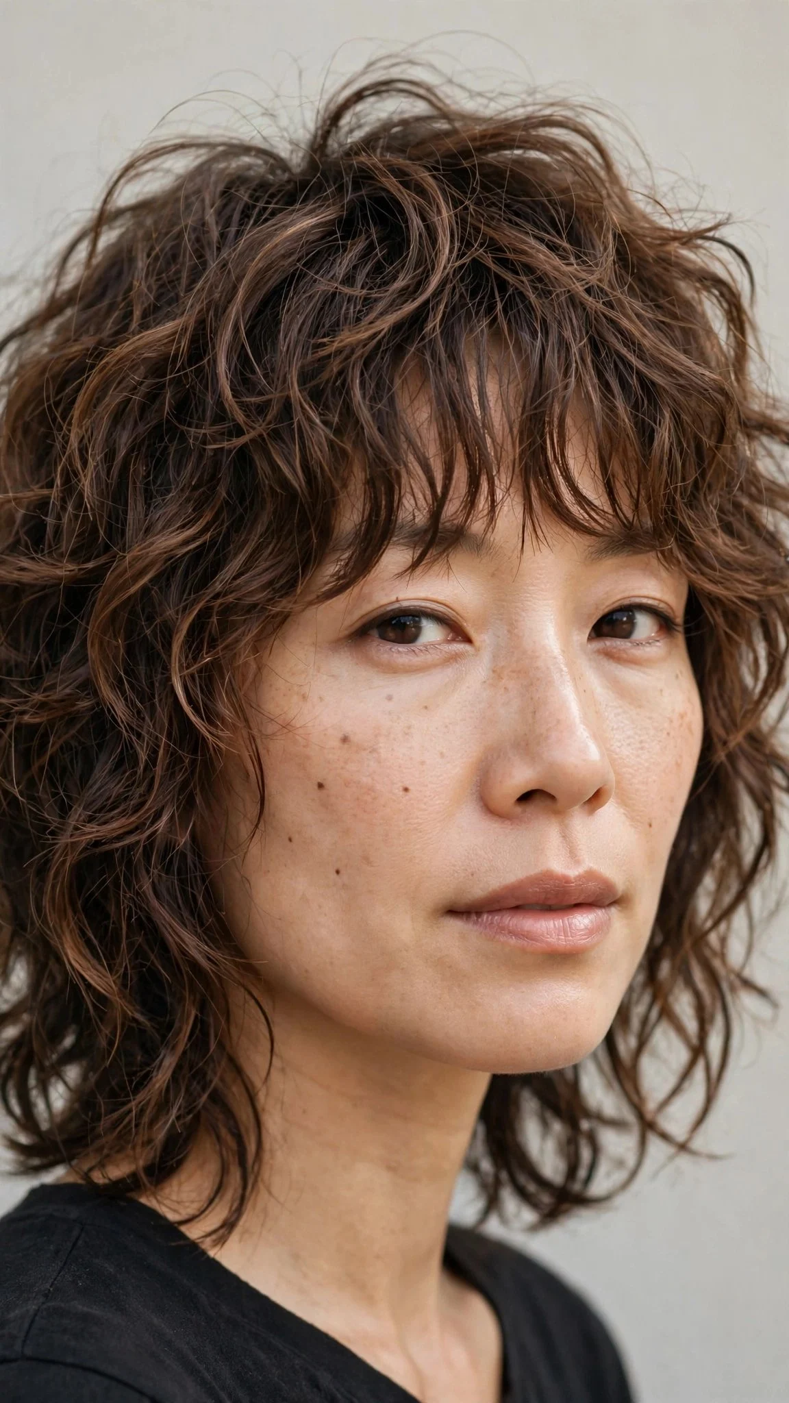 Tousled curly shag with piecey bangs
