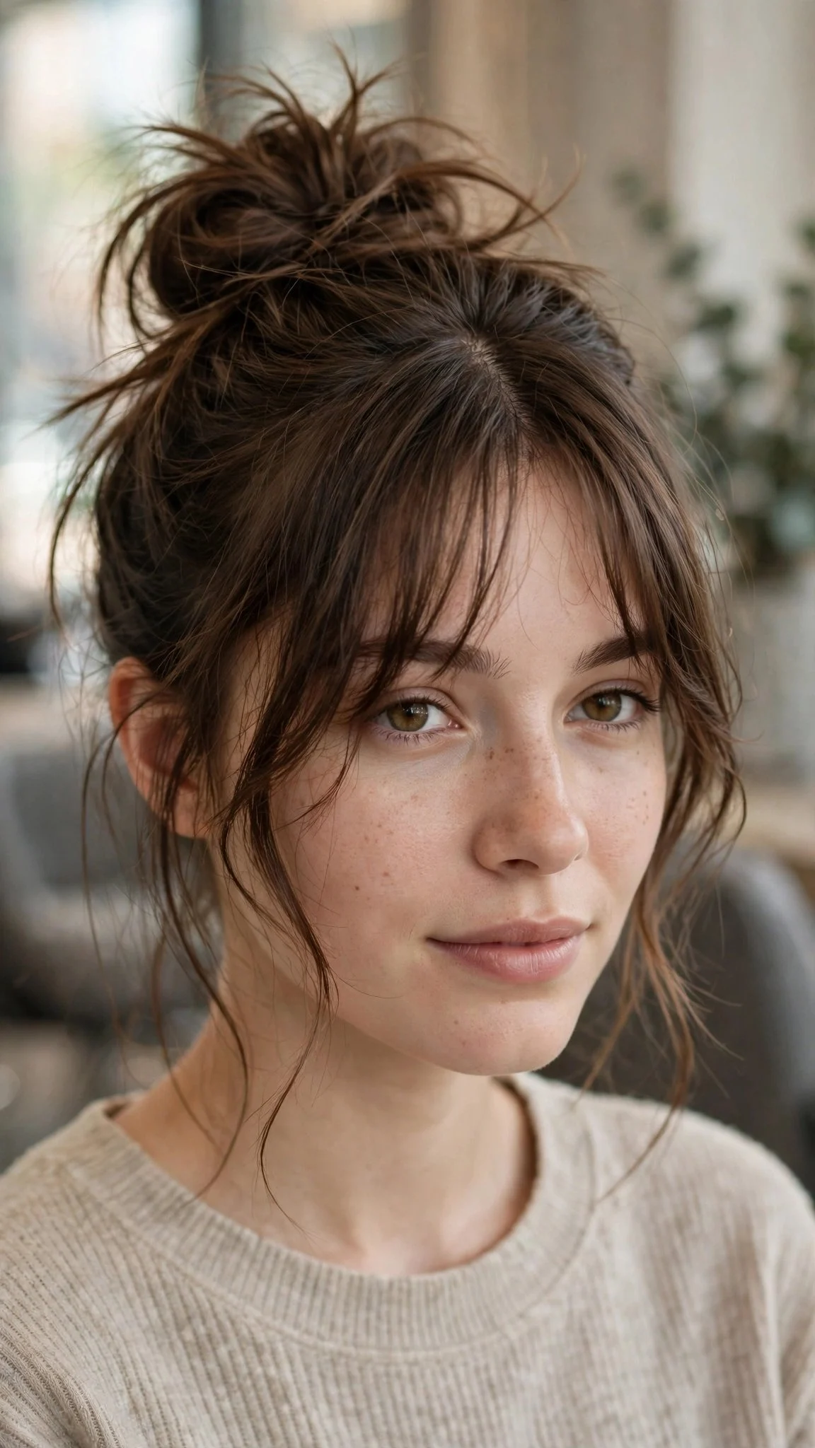 Curtain Bangs with a Messy Top Knot