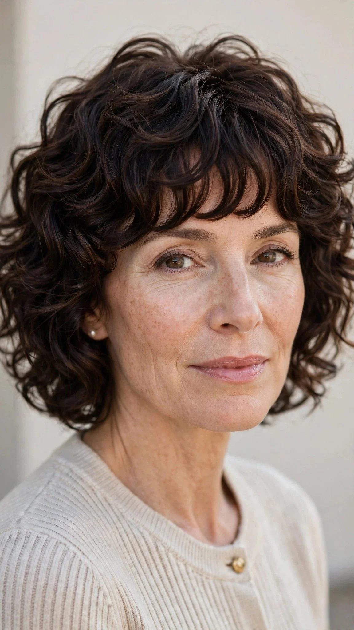 Dark chocolate curly shag with rounded bangs