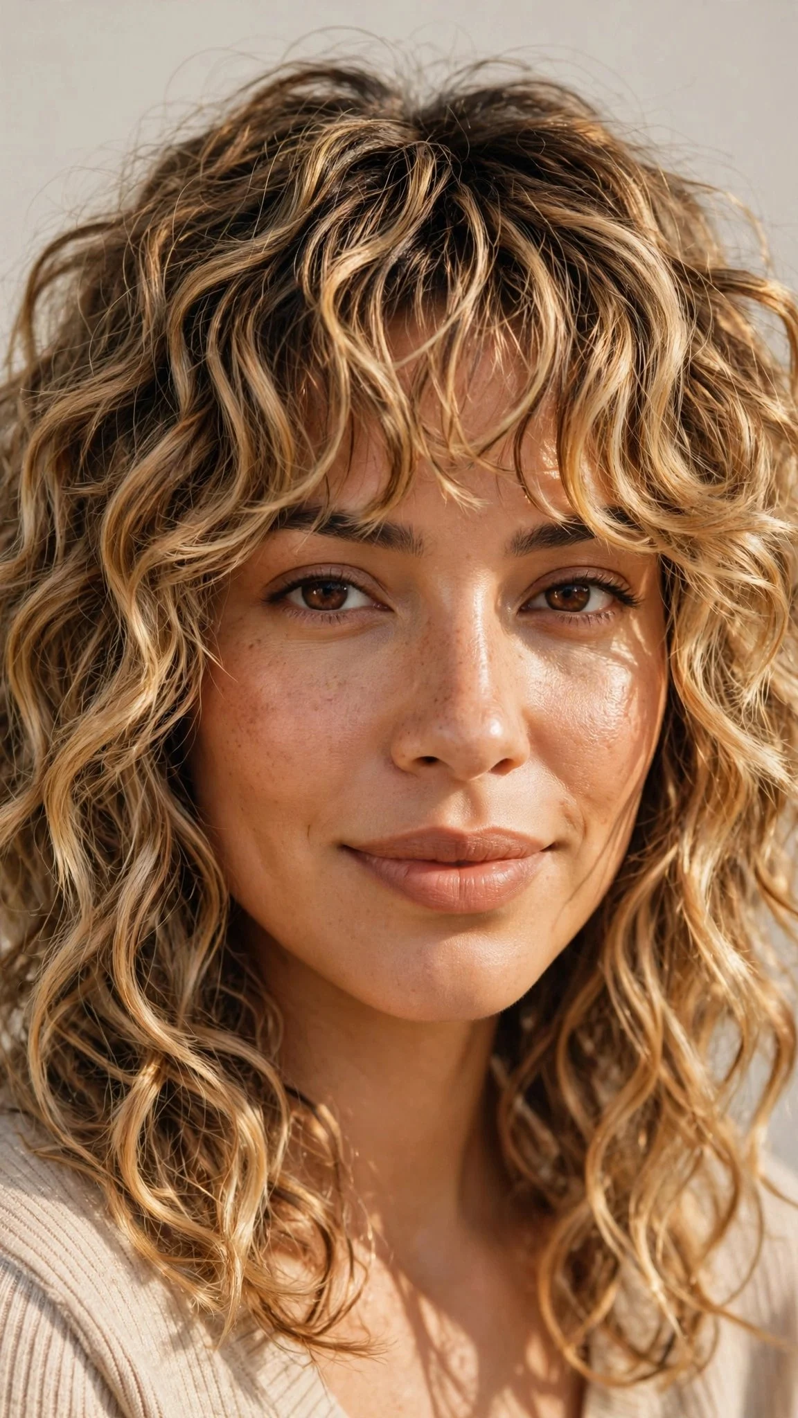 Honey blonde curly shag with soft bangs