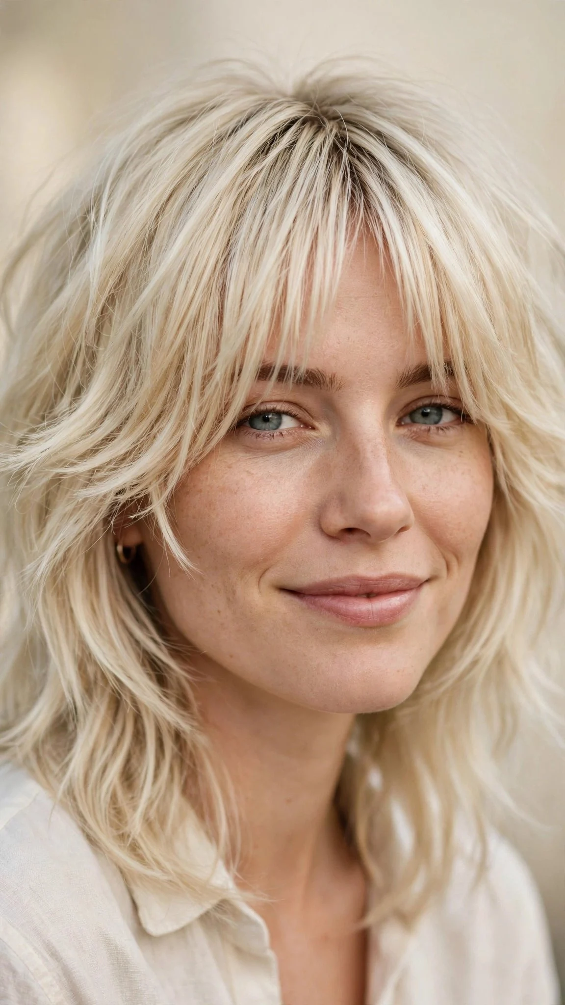 Vanilla Blonde Shag with Bottleneck Bangs
