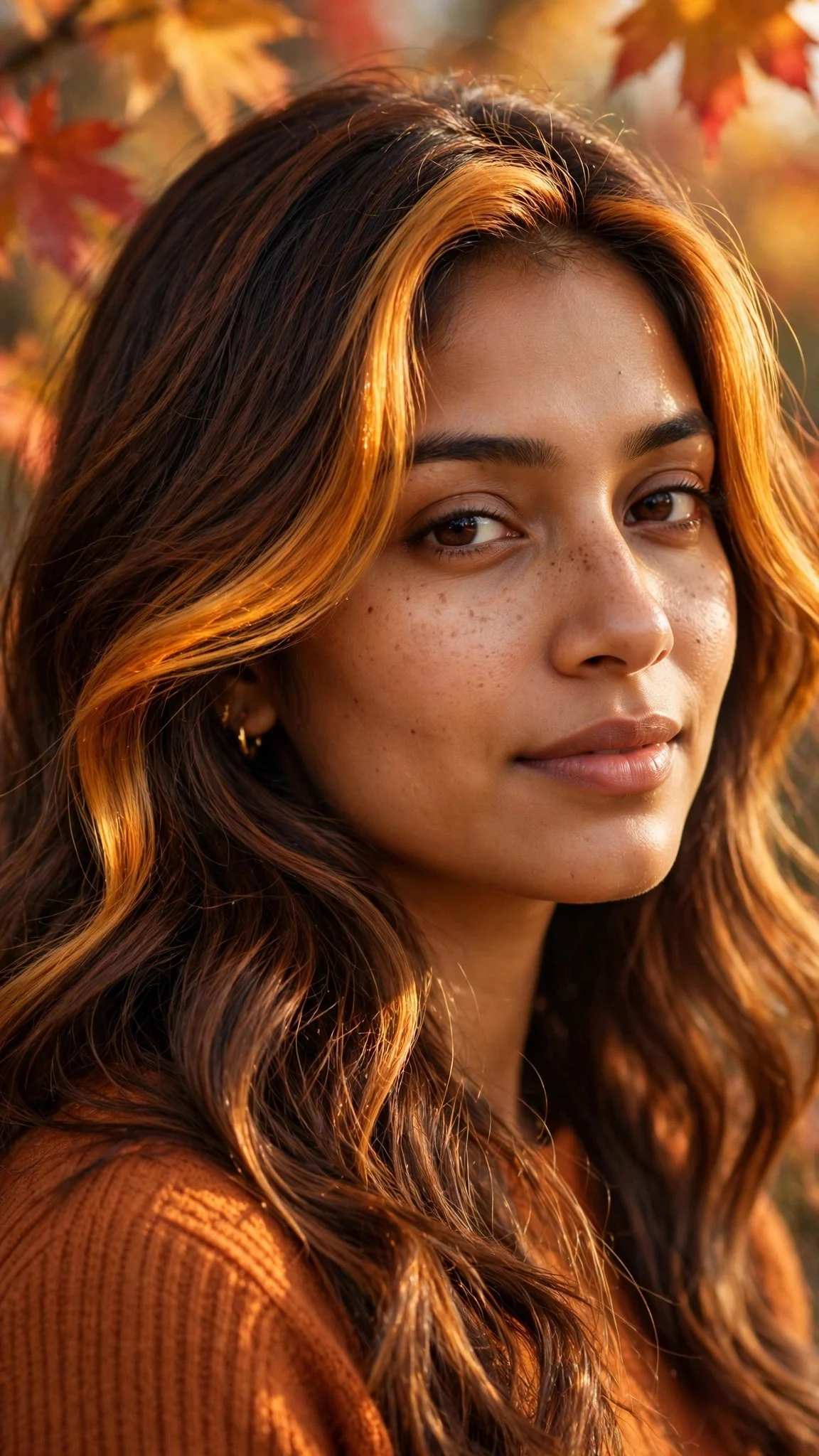Warm Chestnut Balayage with Amber Money Piece