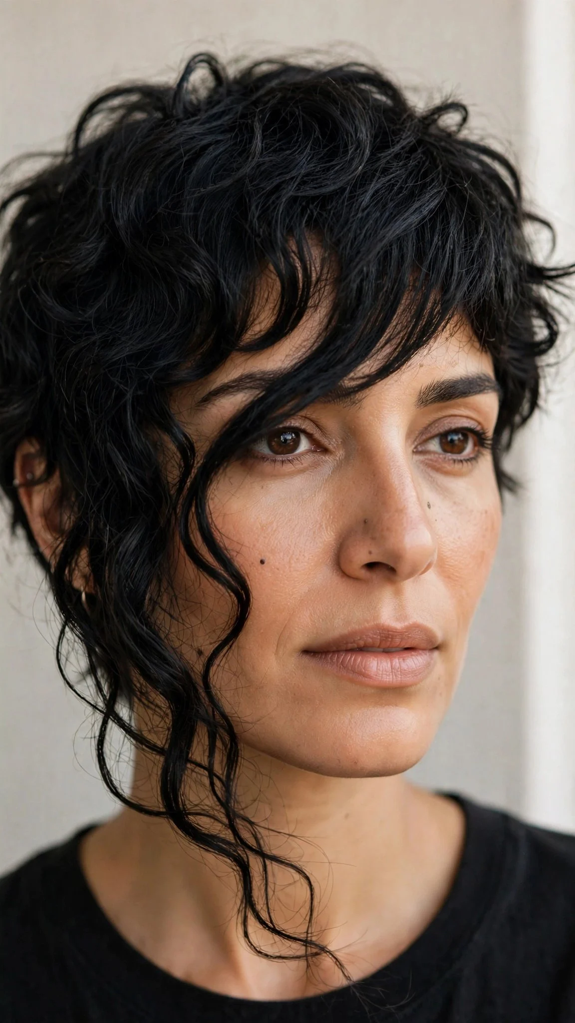 Curly shag with asymmetrical bangs